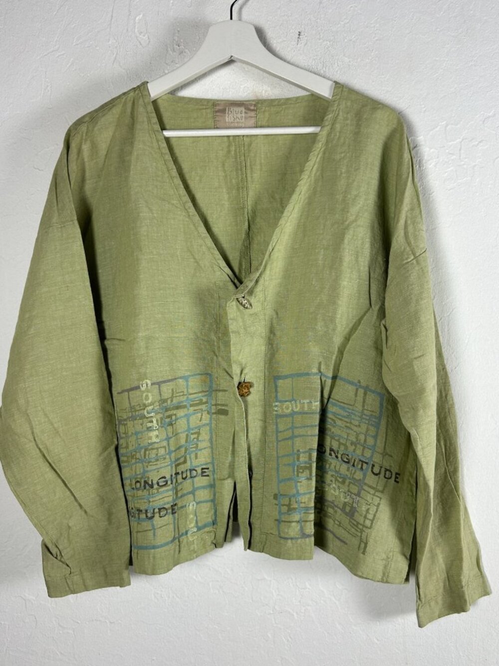 Vintage Blue Fish Womens Green Linen Cardigan Jacket Abstract Artsy Lightweight